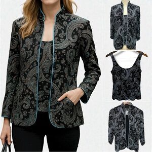 419 Alex Evenings|NWOT 2Piece Tank & Jacket Black Metallic Paisley Teal Trim (S)